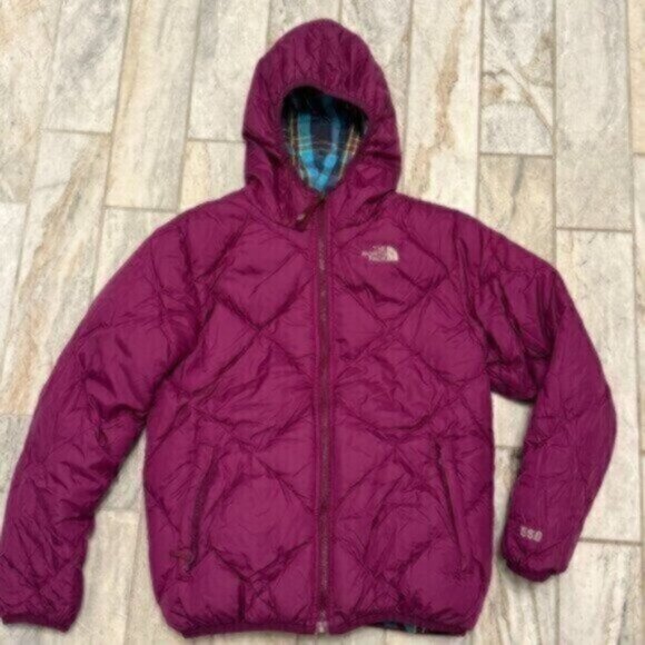 The North Face girls youth large 14/16 purple Reversible 550 down puffer coat